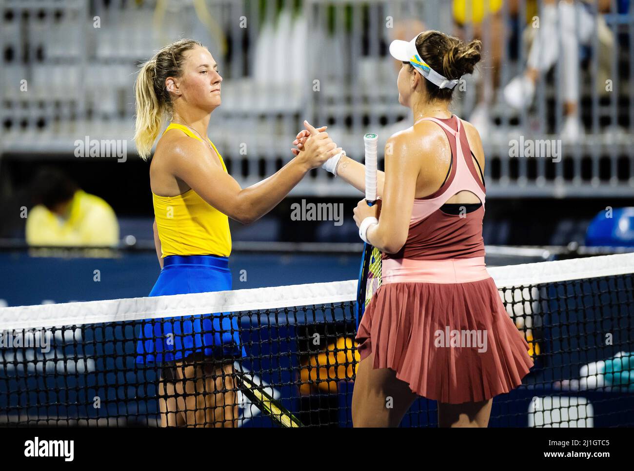 Marta Kostyuk of Ukraine & Belinda Bencic of Switzerland in action during  the second round of the 2022 Miami Open, WTA Masters 1000 tennis tournament  on March 24, 2022 at Hard Rock
