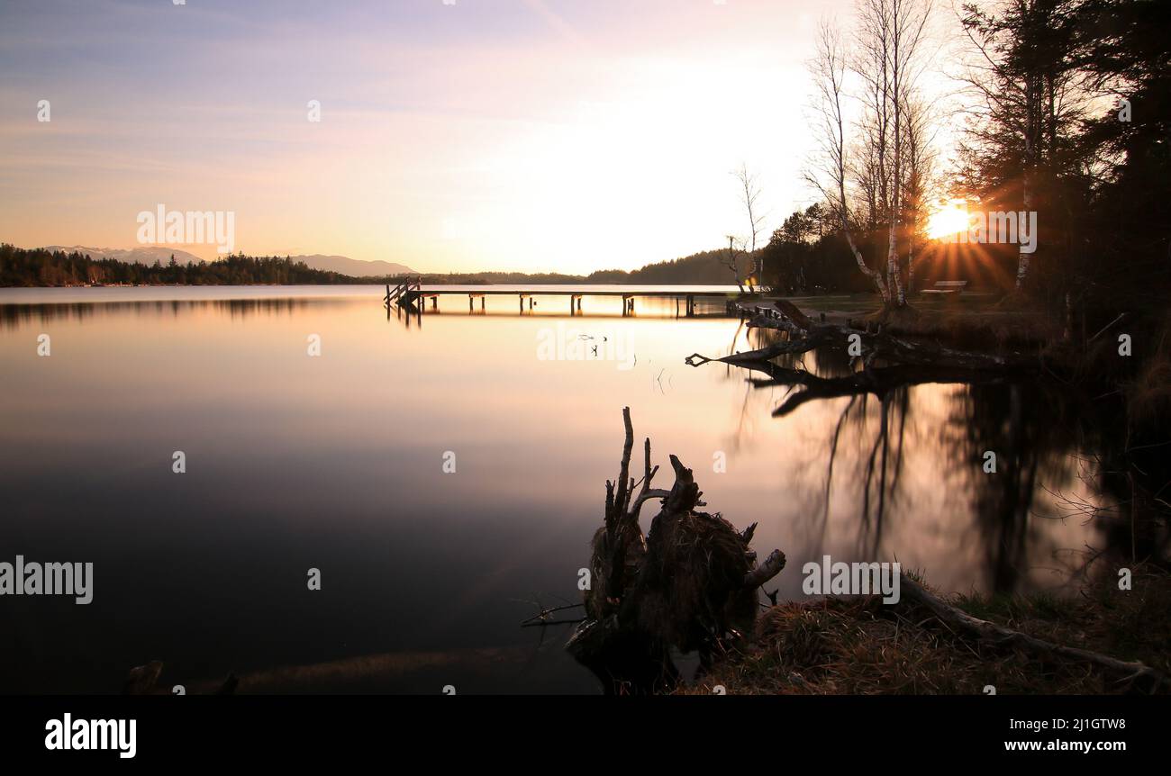 Sundown bavarian Lake with quiet reflections. High quality photo Stock Photo