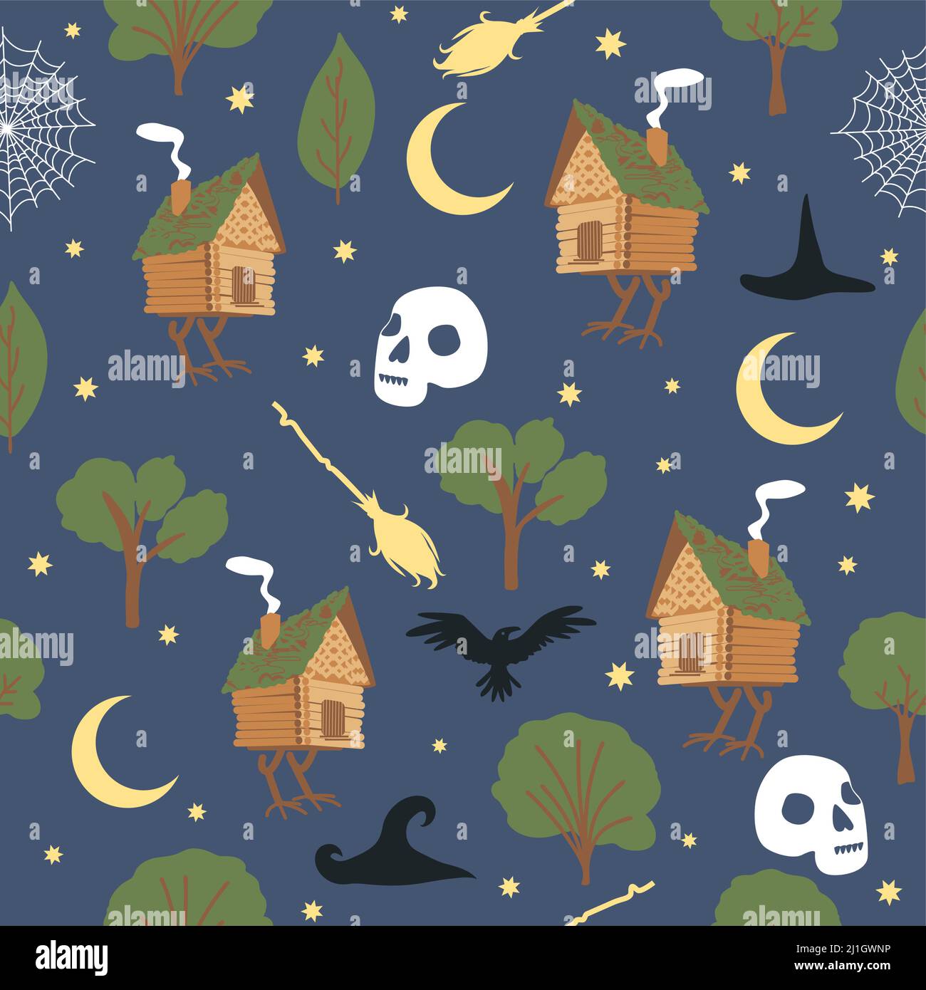Chicken legs seamless pattern. Forest, broom, web, witch, skull, raven witchcraft attributes Traditional Russian fairy tale Stock Vector