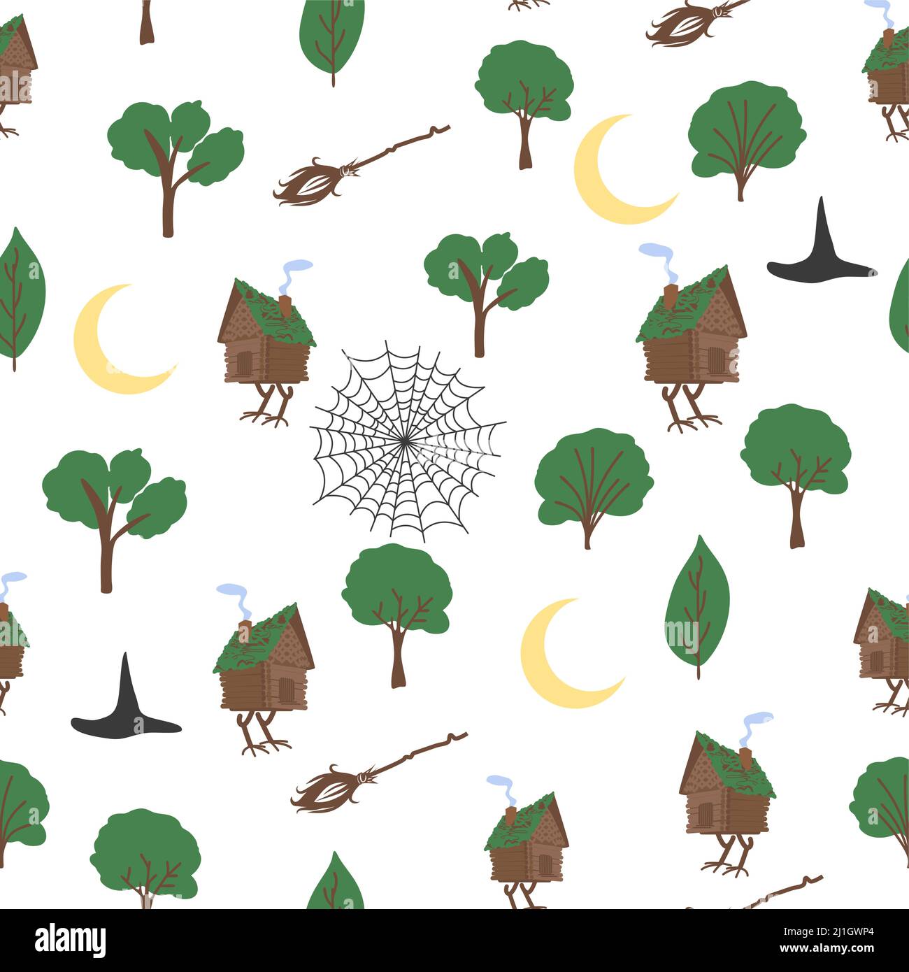 Chicken legs seamless pattern. Forest, broom, web, witch, skull, raven witchcraft attributes Traditional Russian fairy tale Stock Vector