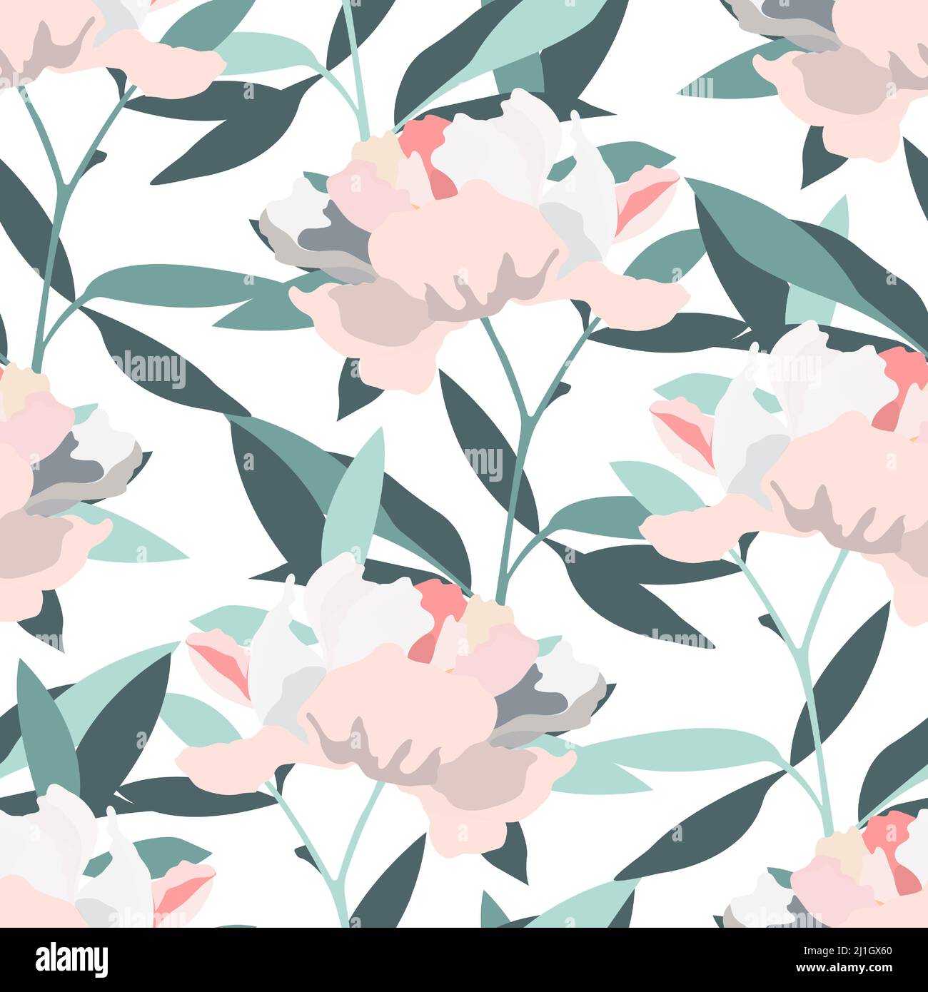 Vector floral seamless pattern. Pale pink peonies, green foliage on a white background.  Stock Vector