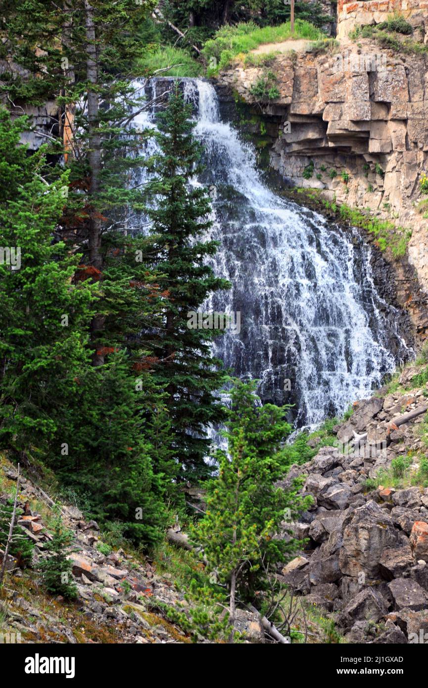 'Rustic Falls' located in Yellowstone National Park is a 'horsetail waterfall' located along the Golden Gate section between Mammoth and Norris Spring Stock Photo