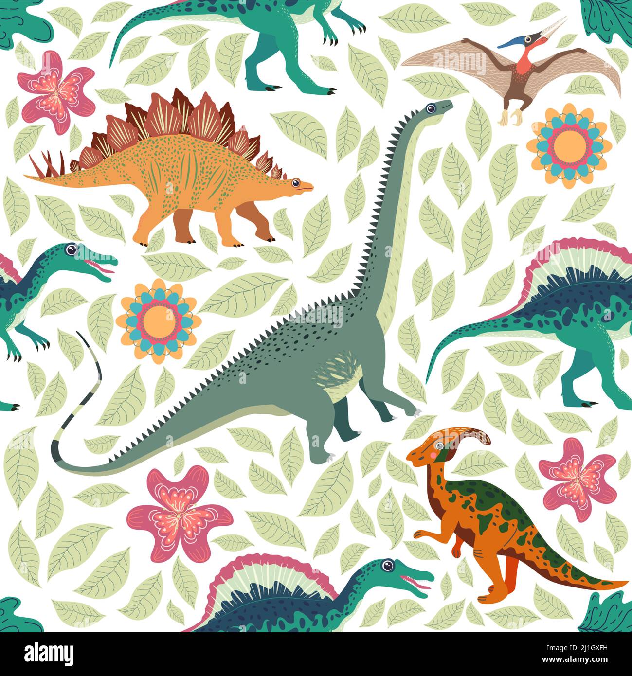 Hand drawn seamless pattern with dinosaurs and tropical leaves and ...
