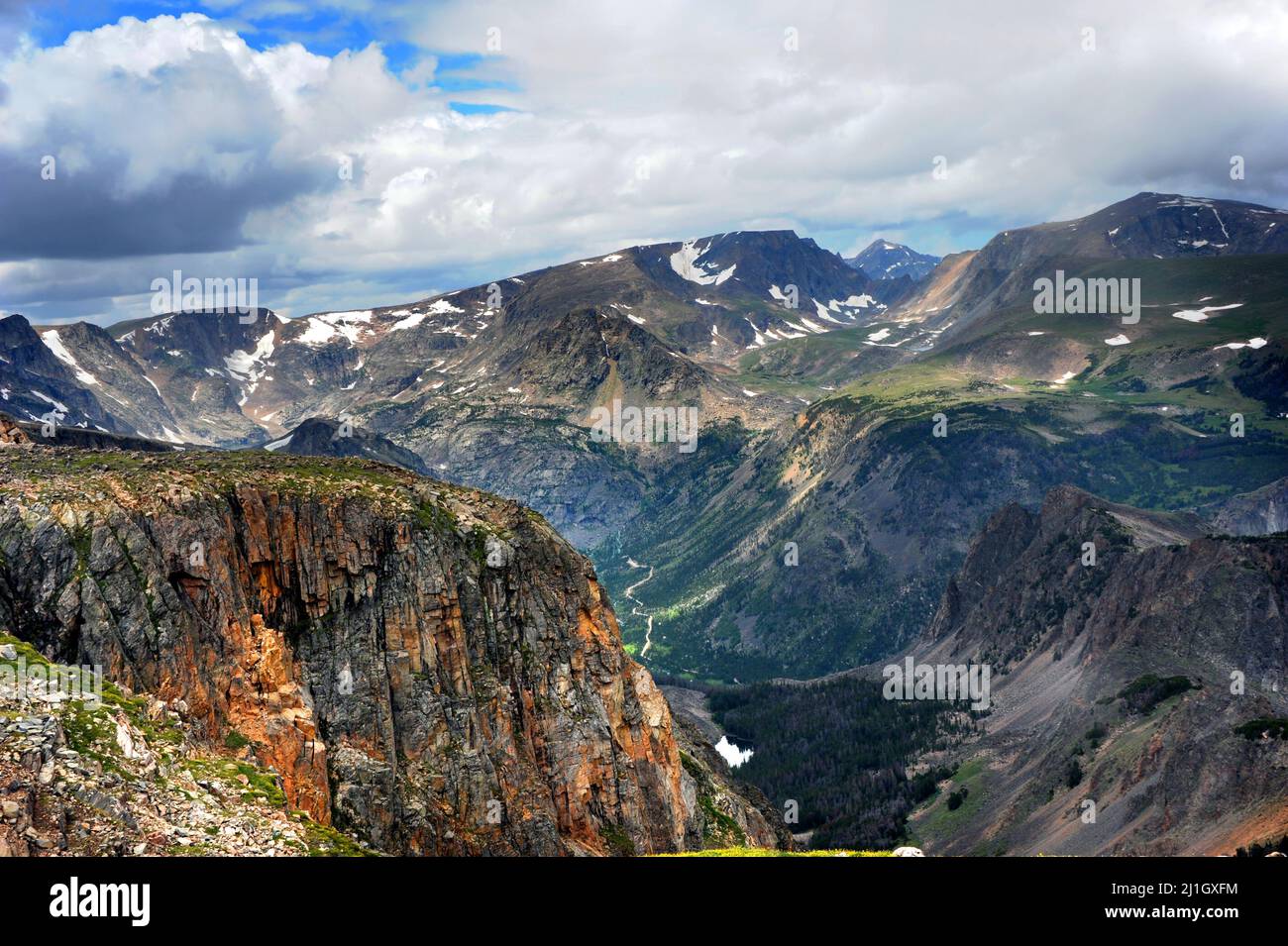 Top of Beartooth Pass, in Wyoming, shows vista of Absaroka Mountain