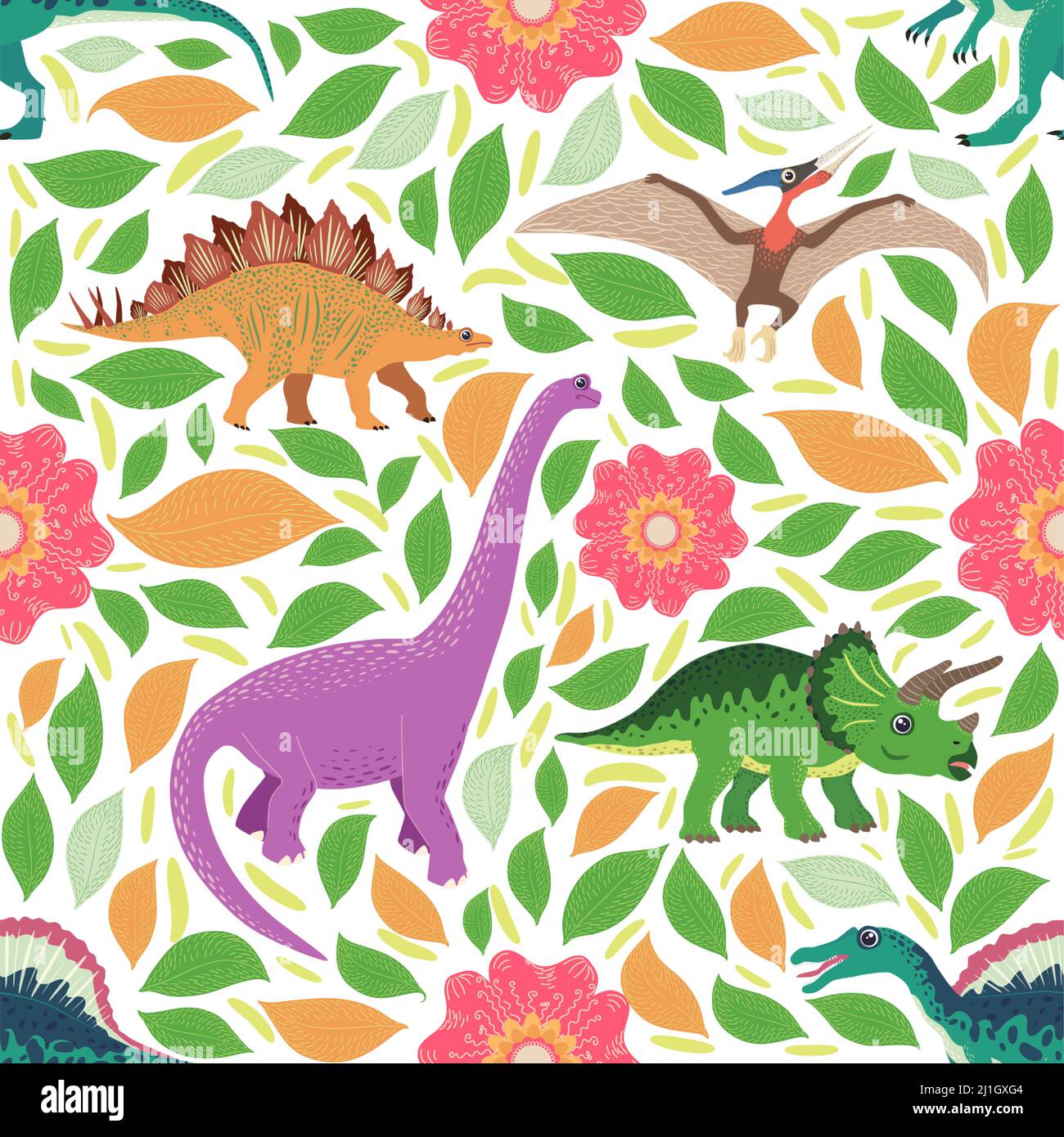Hand drawn seamless pattern with dinosaurs and tropical leaves and ...