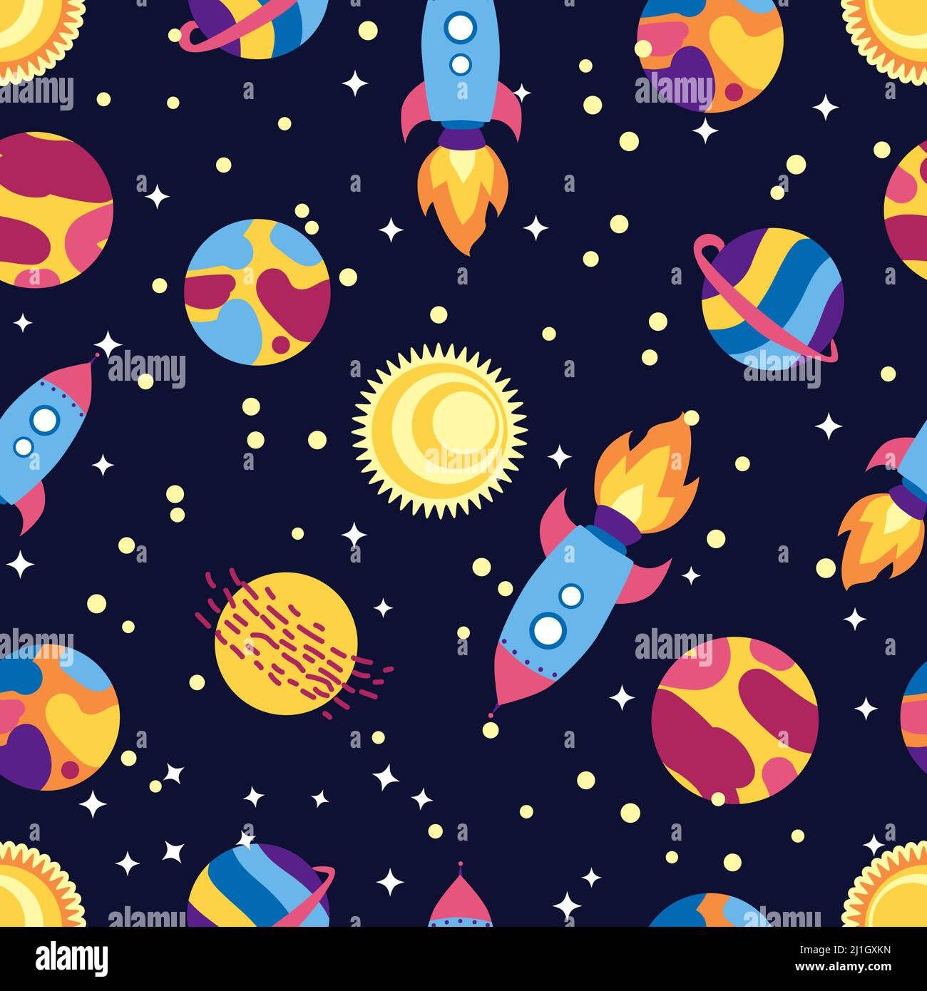 Seamless space pattern. Planets, rockets and stars. Cartoon spaceship ...