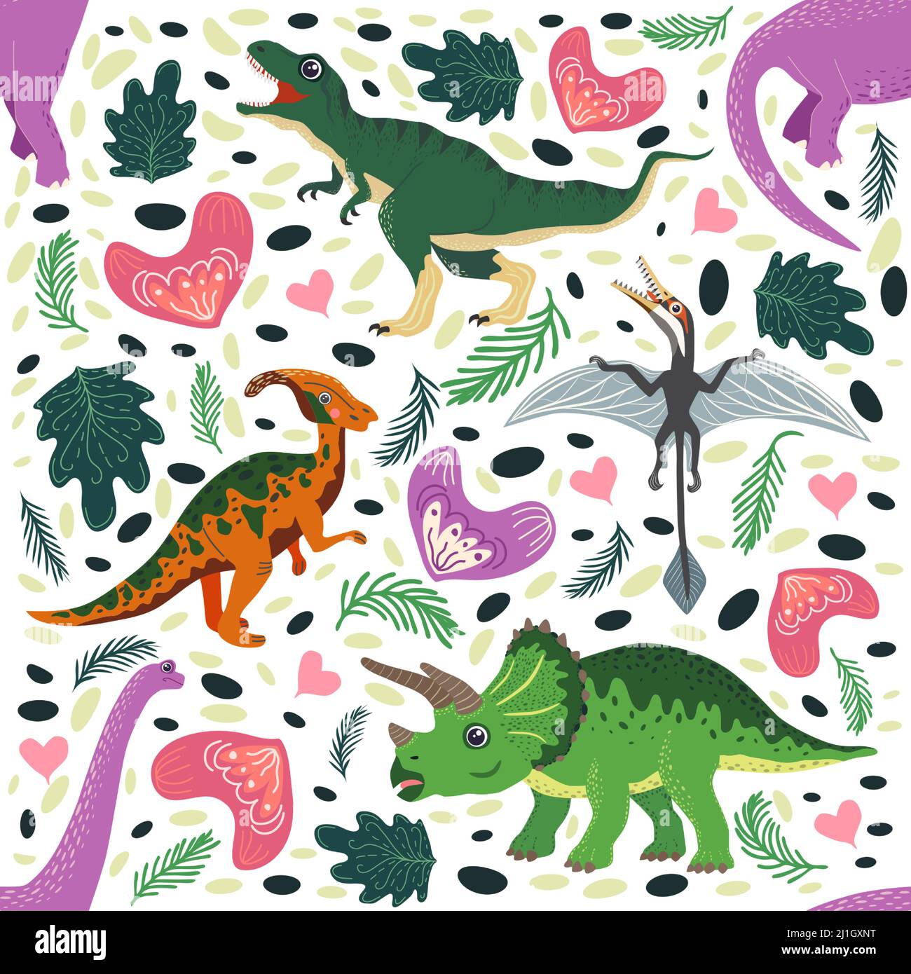 Hand drawn seamless pattern with dinosaurs and tropical leaves and ...