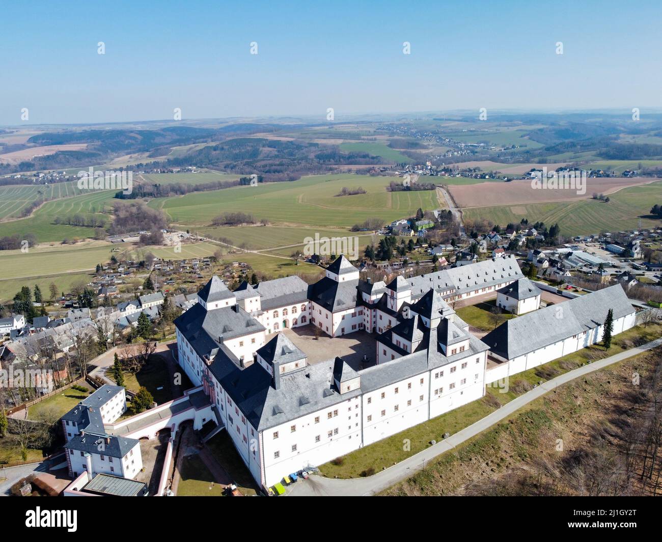 Aerial view of the Augustusburg in the Ore Mountains Stock Photo