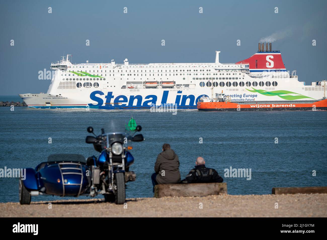 Cargo and passenger ferry of Stena Line, Stena Britannica, operating between Hook van Holland and Harwich in UK, coaster Sea-River Liner 3700, of Wijn Stock Photo