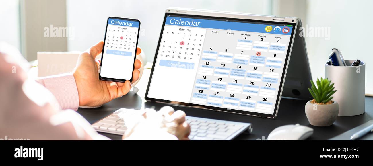 Executive Calendar With Week Agenda On Digital Hybrid Tablet Stock Photo