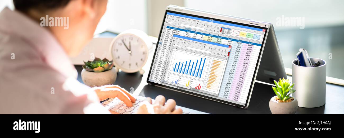 Electronic Spreadsheet Analyst Or Auditor Using Software On Hybrid Laptop Stock Photo
