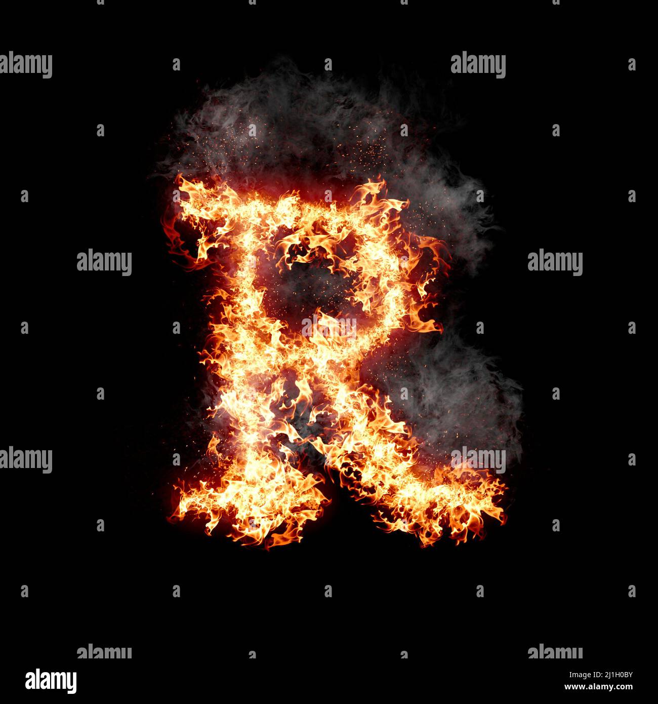 Letter R burning in fire with smoke, digital art isolated on black ...