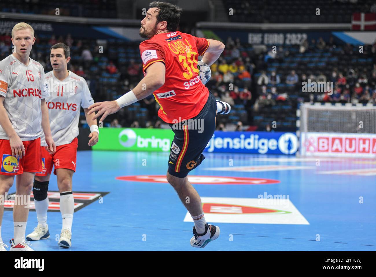 Gedeon Guardiola (Spain) against Denmark. EHF Euro 2022. Semifinals Stock Photo