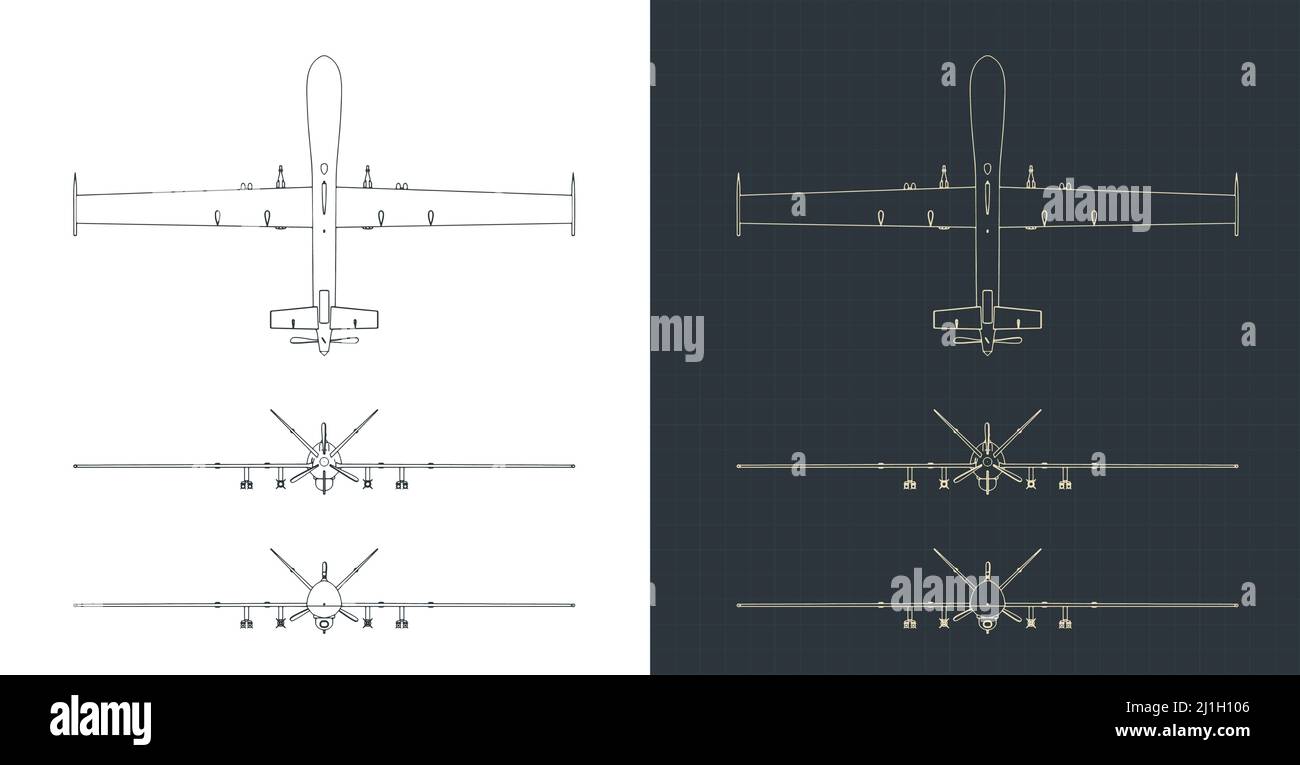 Stylized vector illustration of blueprints of combat drone Stock Vector