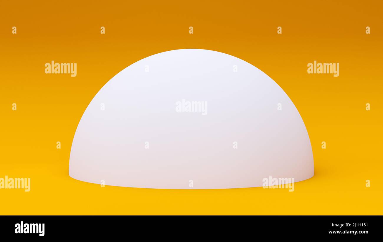 White Semi Sphere isolated on orange background. Half sphere 3D render Stock Photo