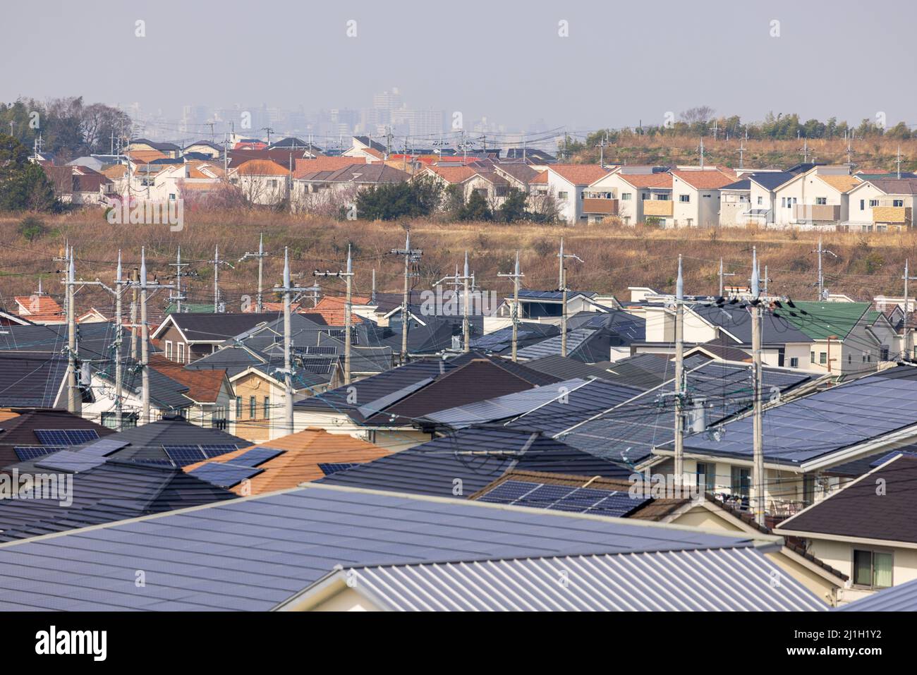 House roofs and electrical poles in suburban landscape Stock Photo