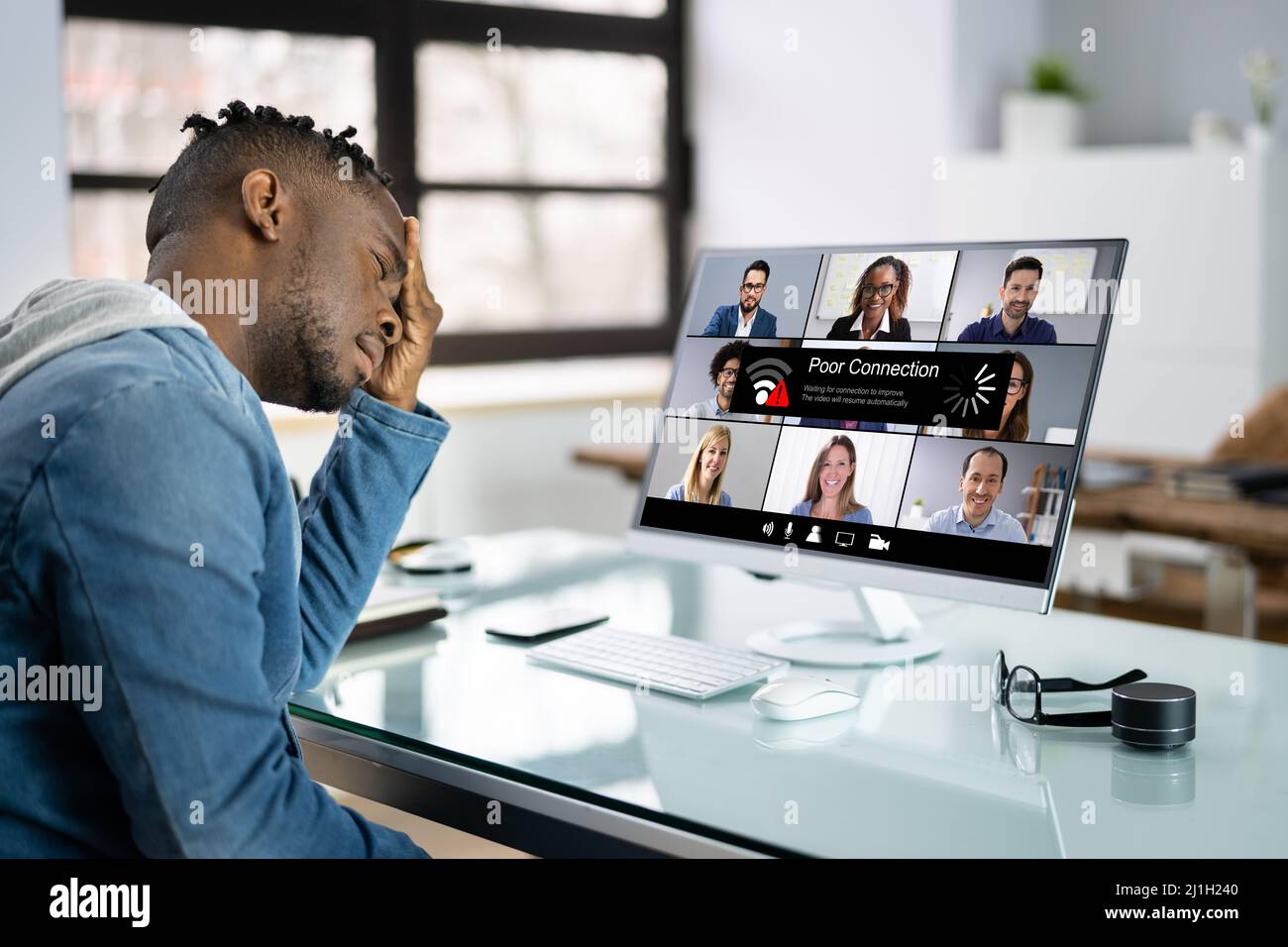 Online Video Meeting Bad Connection And Poor Signal Stock Photo