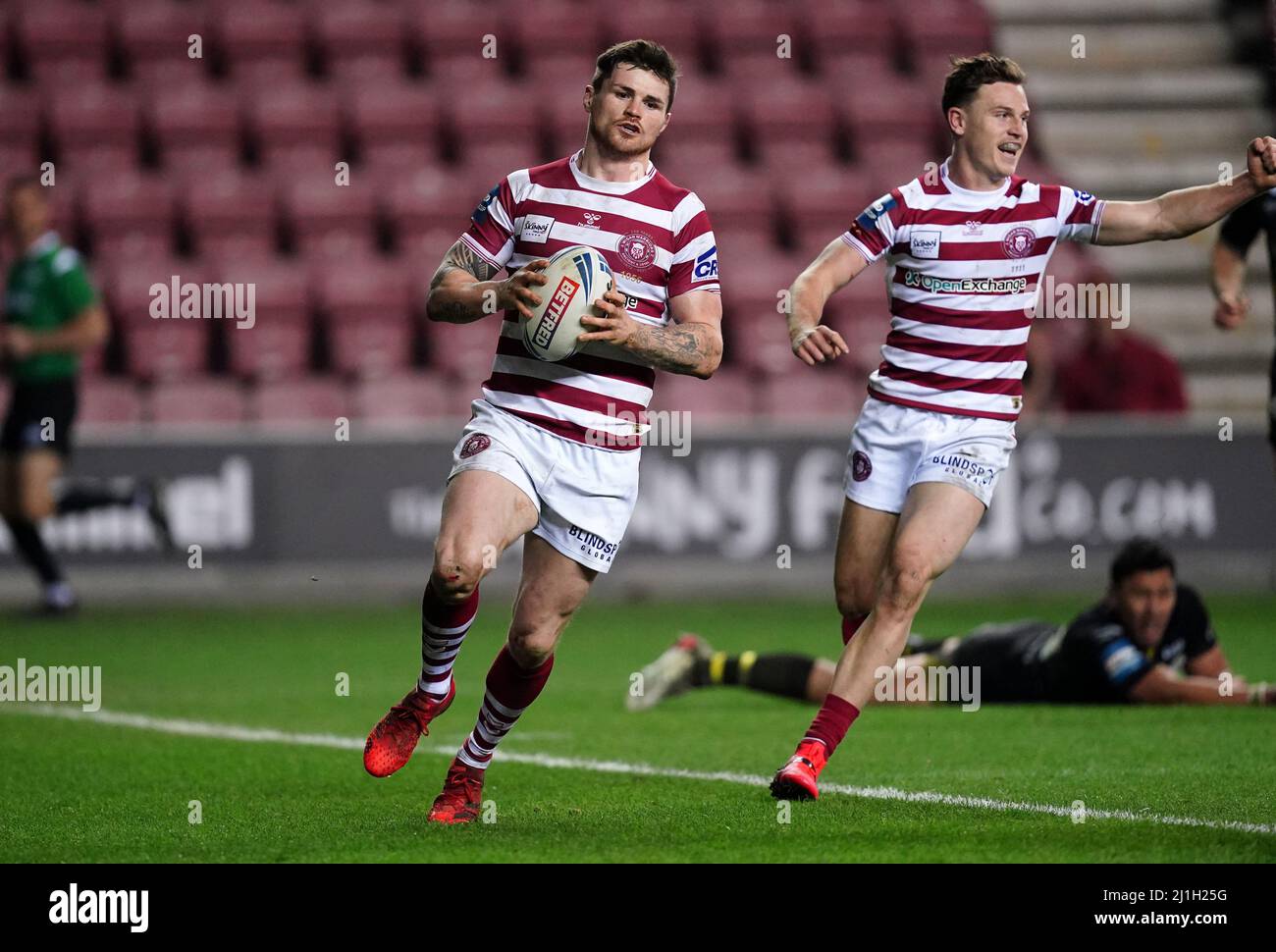 Wigan Warriors John Bateman goes over for a try during the Betfred ...