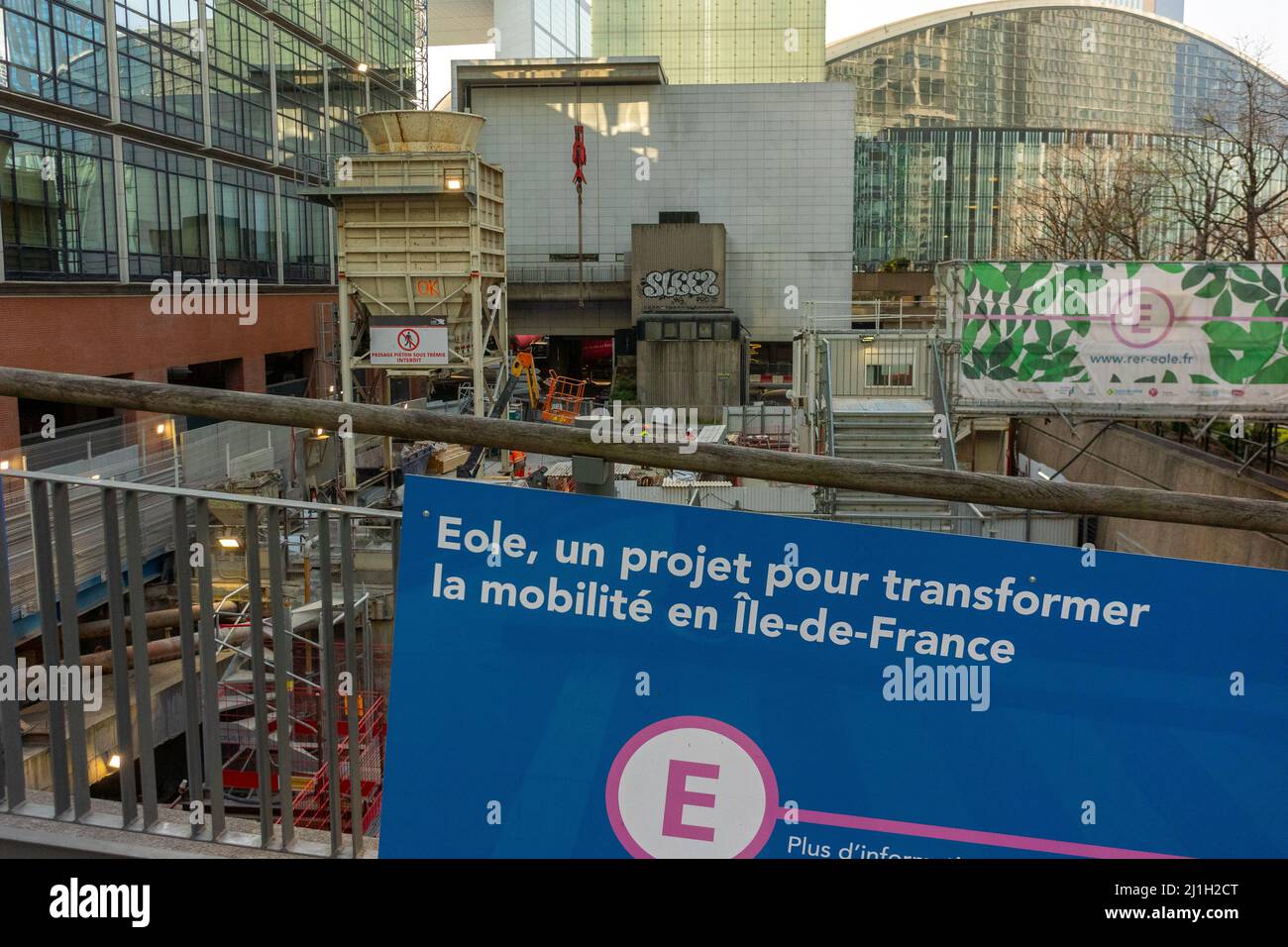 Paris, La Défense, France,  Construction SIte, Equipment,  Business Center,  Metro RER E Line, Sign, paris suburb construction Stock Photo