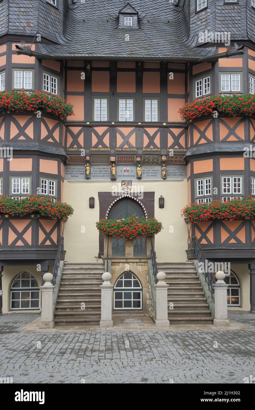 Entrance to the town hall in Wernigerode, Saxony-Anhalt, Germany Stock Photo