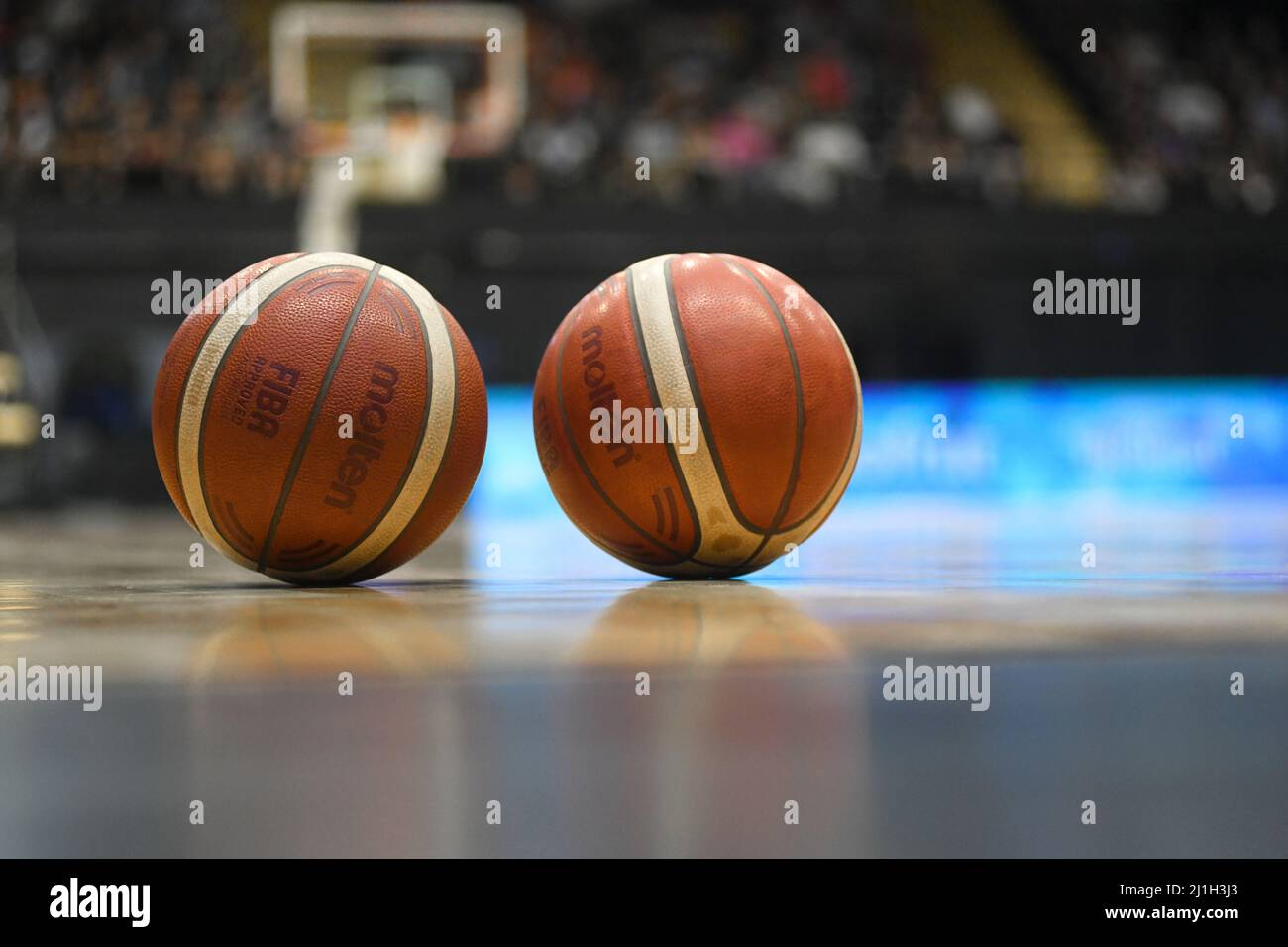 A basketball closeup before the start of a game. Estadio Obras, Buenos Aires, Argntina Stock Photo