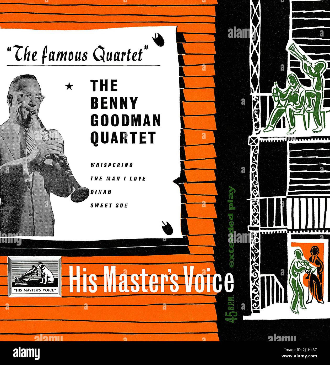 Front cover of a British vinyl 7' E.P. by the Benny Goodman Quartet titled The Famous Quartet. Issued in 1956 on the His Master's Voice label. The recordings are from the 1930's. Stock Photo