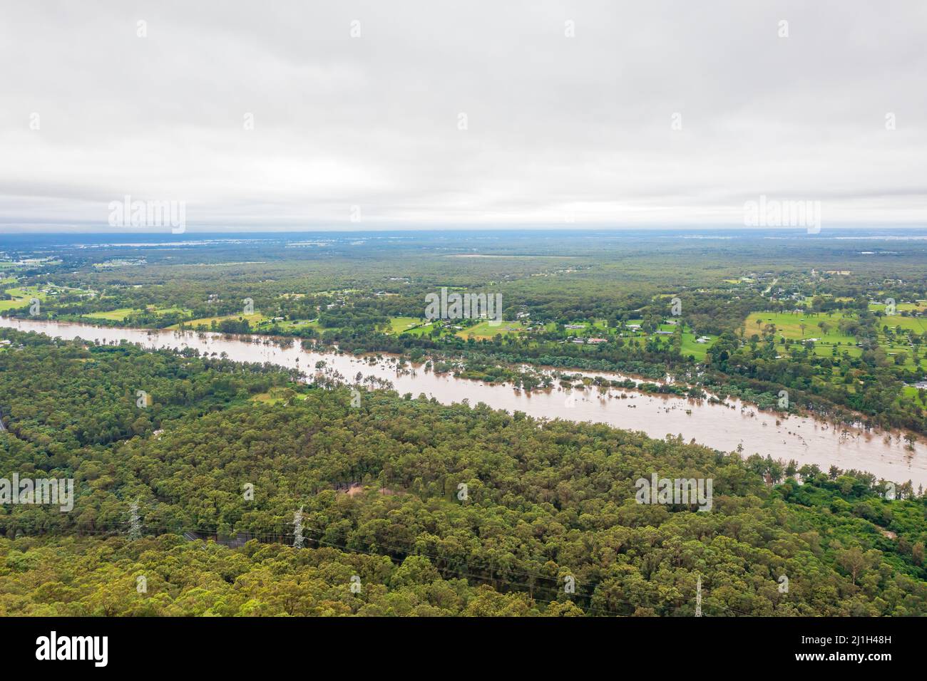 Drone aerial photograph of severe flooding in the Nepean River and the Cumberland Plain in The Blue Mountains in New South Wales in Australia. Stock Photo