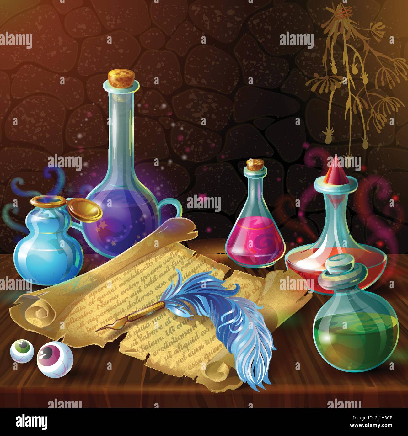 Magic bottles with recipe composition with potion jars plugs and human ...