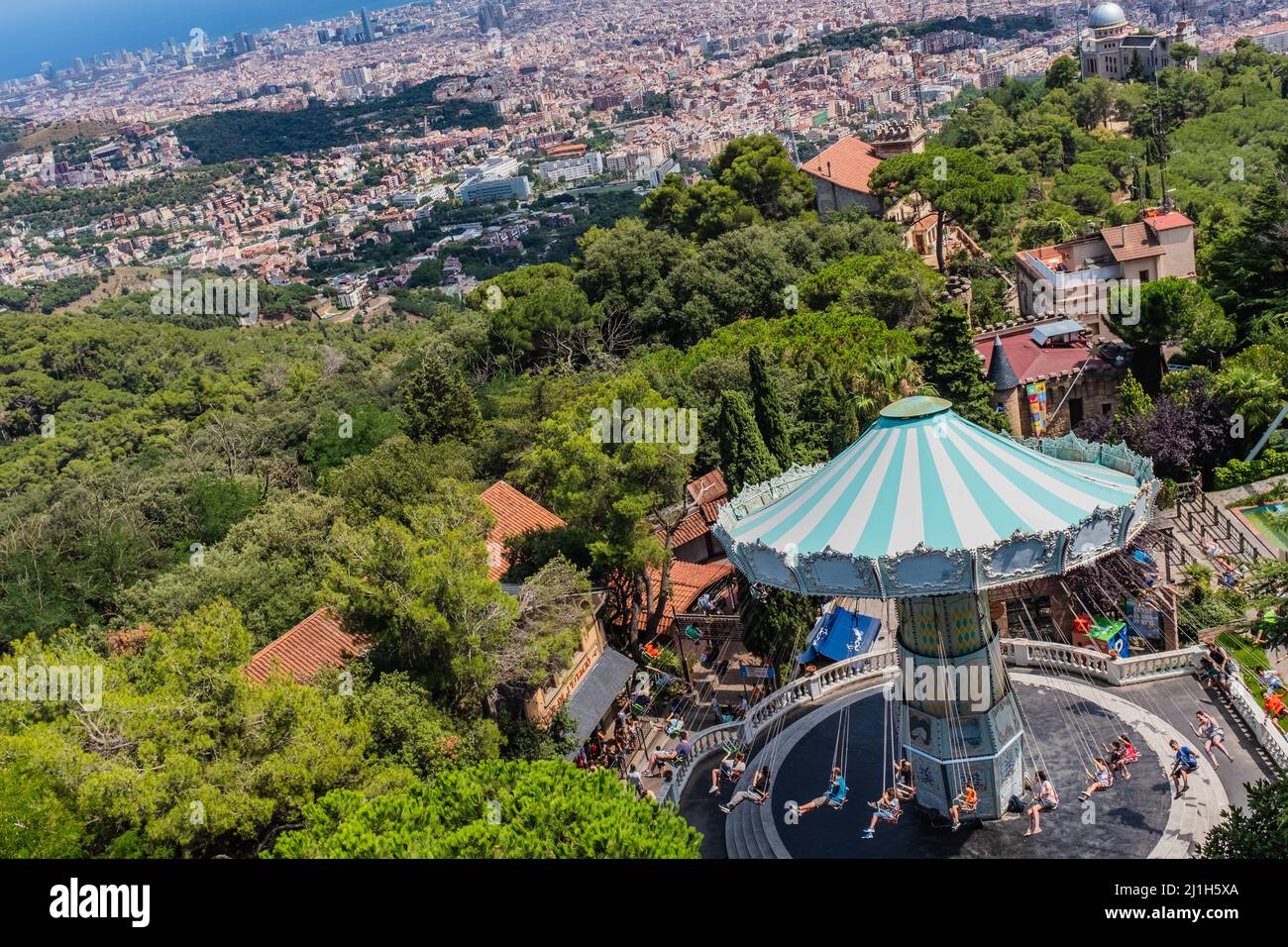 Tibidabo amusement park carousel view of Barcelona from Tibidabo mountain Stock Photo