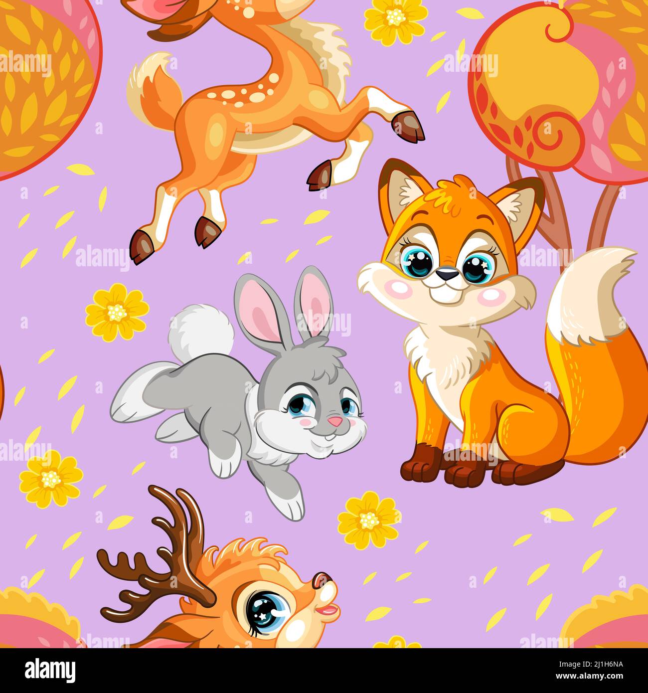 Seamless vector pattern with happy foxes, fawns and rabbits isolated on purple background. Colorful vector illustration. For print, linen, design, wal Stock Vector