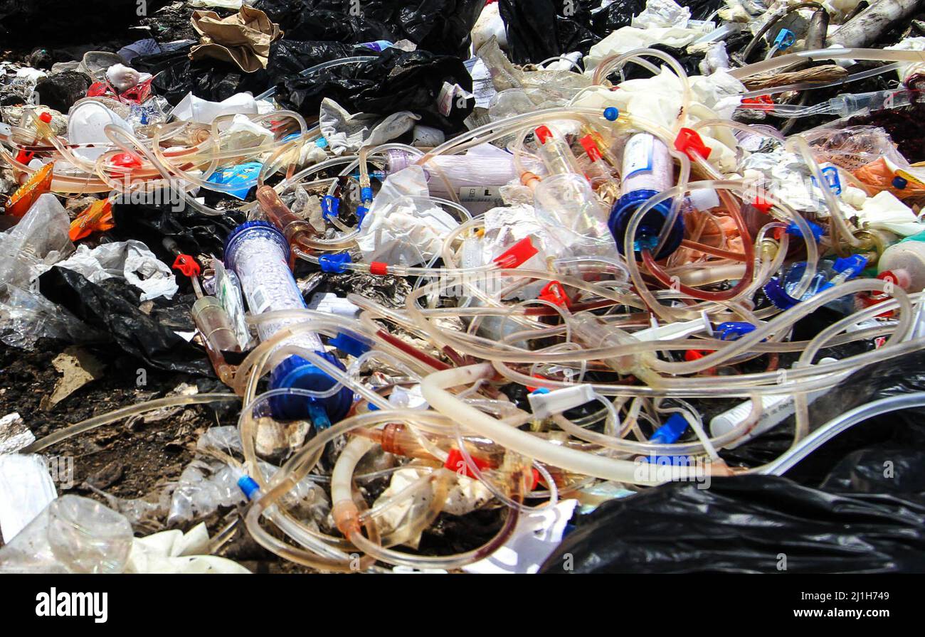 Blood dialysis tubes are seen amongst other medical wastes at Gioto