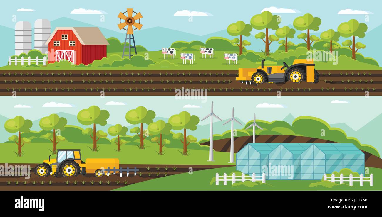 Colorful agriculture horizontal banners with farm barn windmill ...
