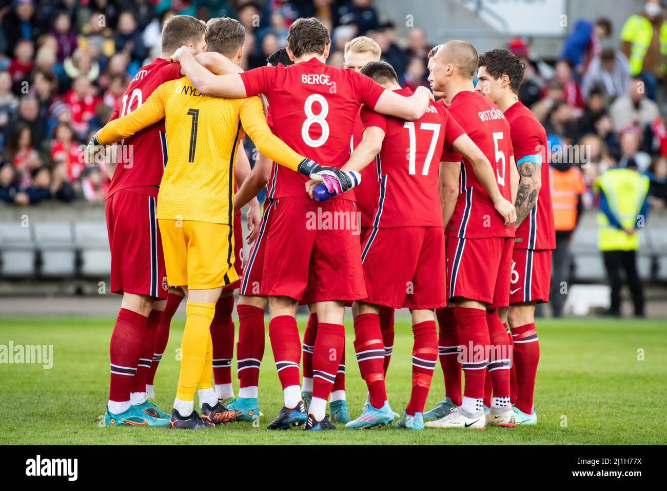 Oslo, Norway. 25th Mar, 2022. The players of Norway unite in a circle