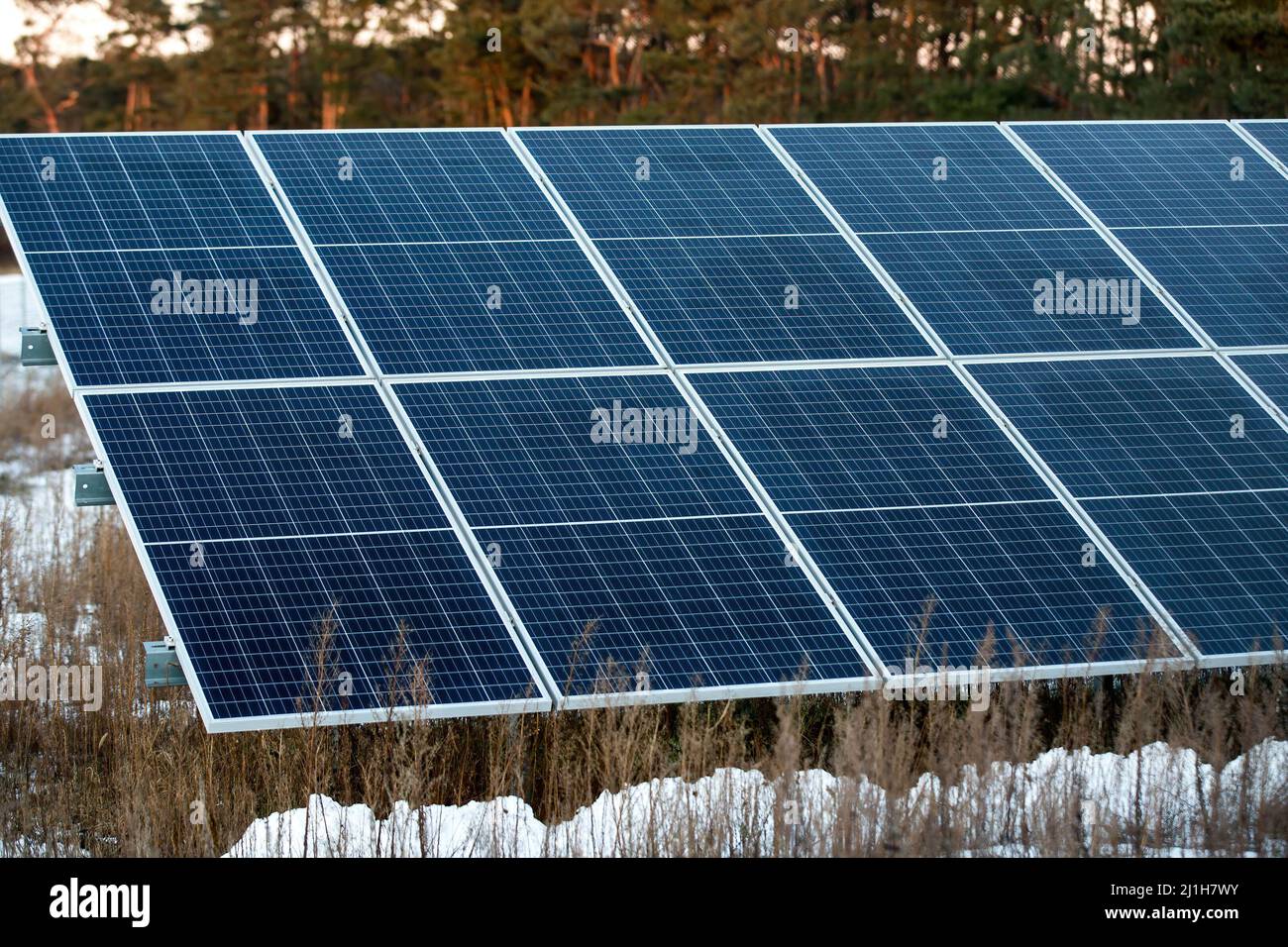 Solar panels seen at a plant in Lakie. Photovoltaic installations in Poland have been breaking popularity records in recent years, both among entrepreneurs and private individuals. Currently, the installed photovoltaic capacity in Poland is over 8,000 MW. Stock Photo