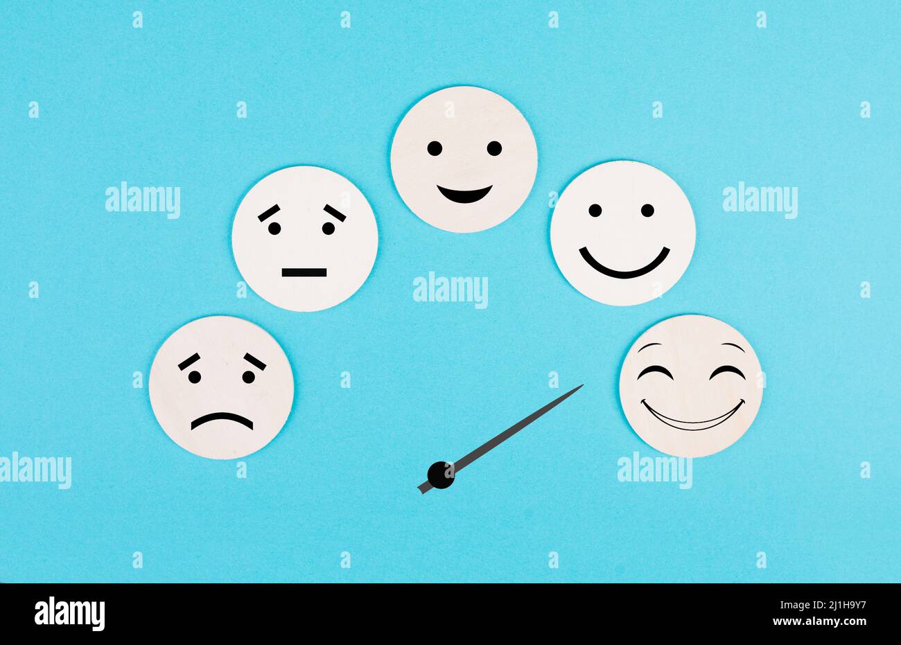 Tachometer with happy and sad faces, business and service rating, evaluation concept, marketing, mood board Stock Photo