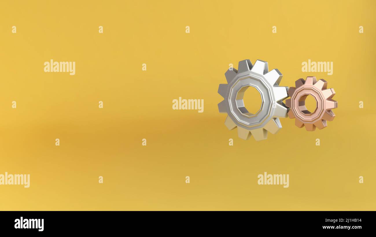 Yellow background with metallic gears, solutions concept, 3d illustration Stock Photo