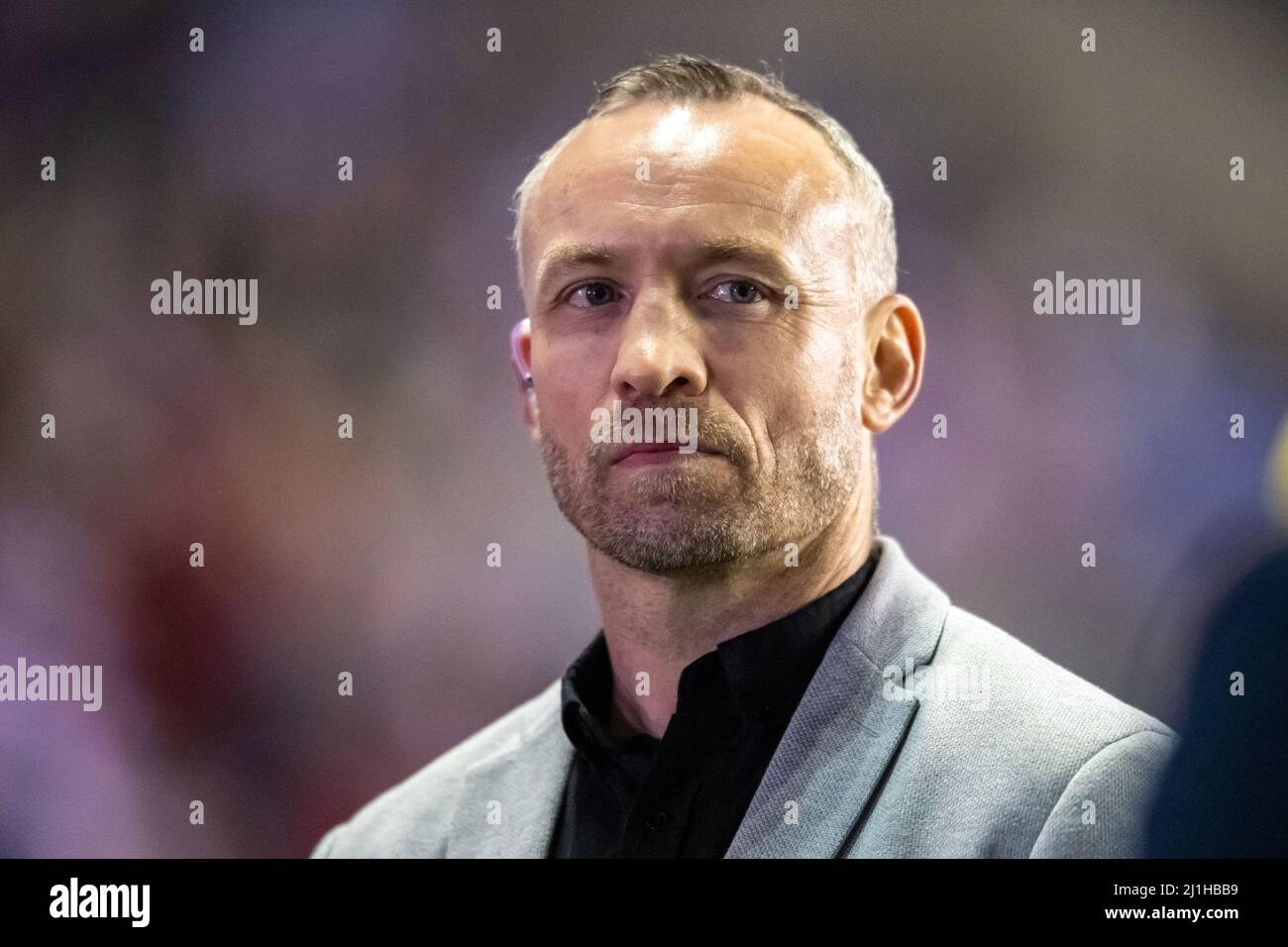 Wigan, UK. 25th Mar, 2022. Andrew Henderson fulfils his media duties during the Betfred Challenge Cup game between Wigan Warriors and Salford Red Devils in Wigan, United Kingdom on 3/25/2022. (Photo by Simon Whitehead/News Images/Sipa USA) Credit: Sipa USA/Alamy Live News Stock Photo