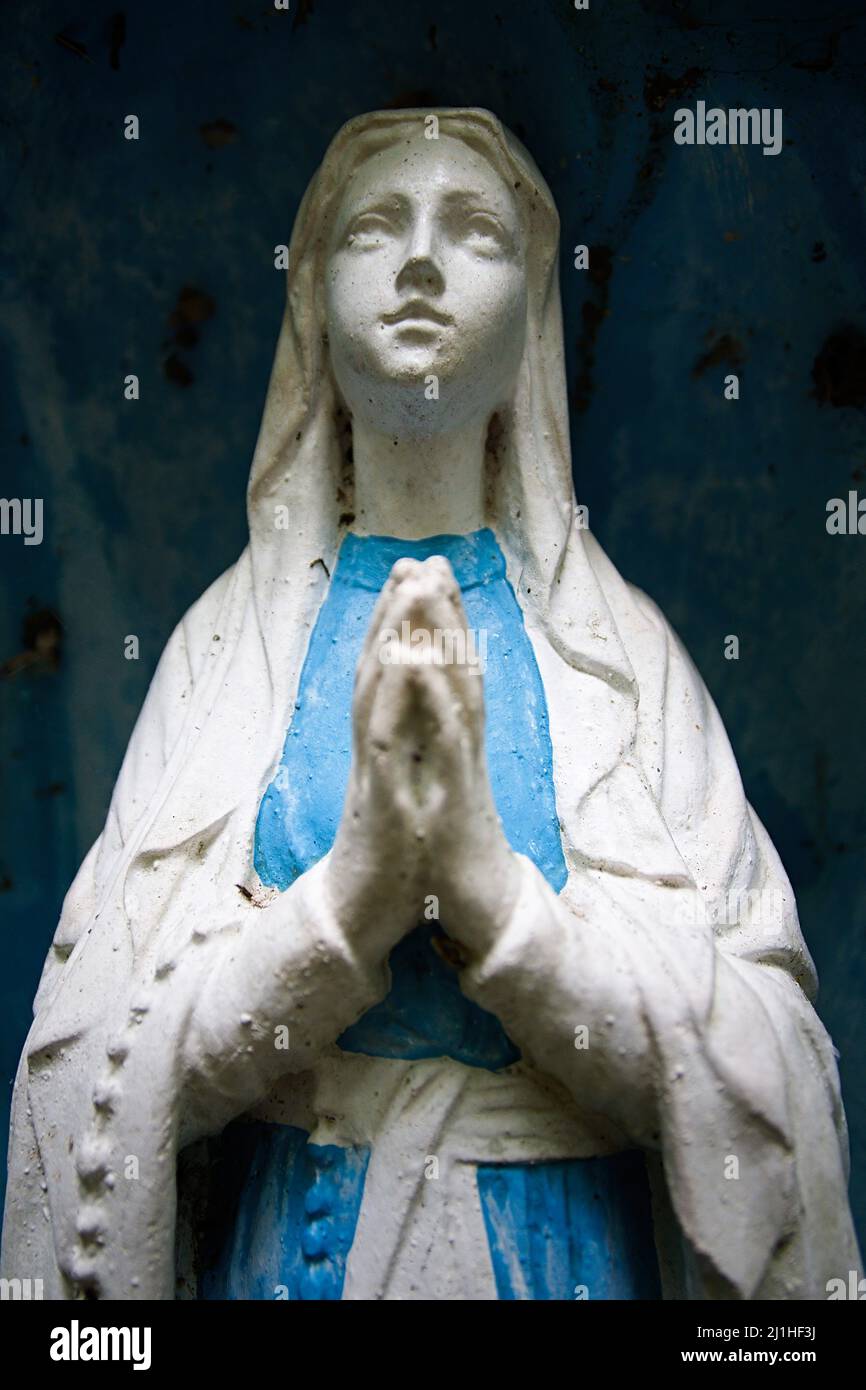 Old virgin Mary statue found in the woods Stock Photo Alamy