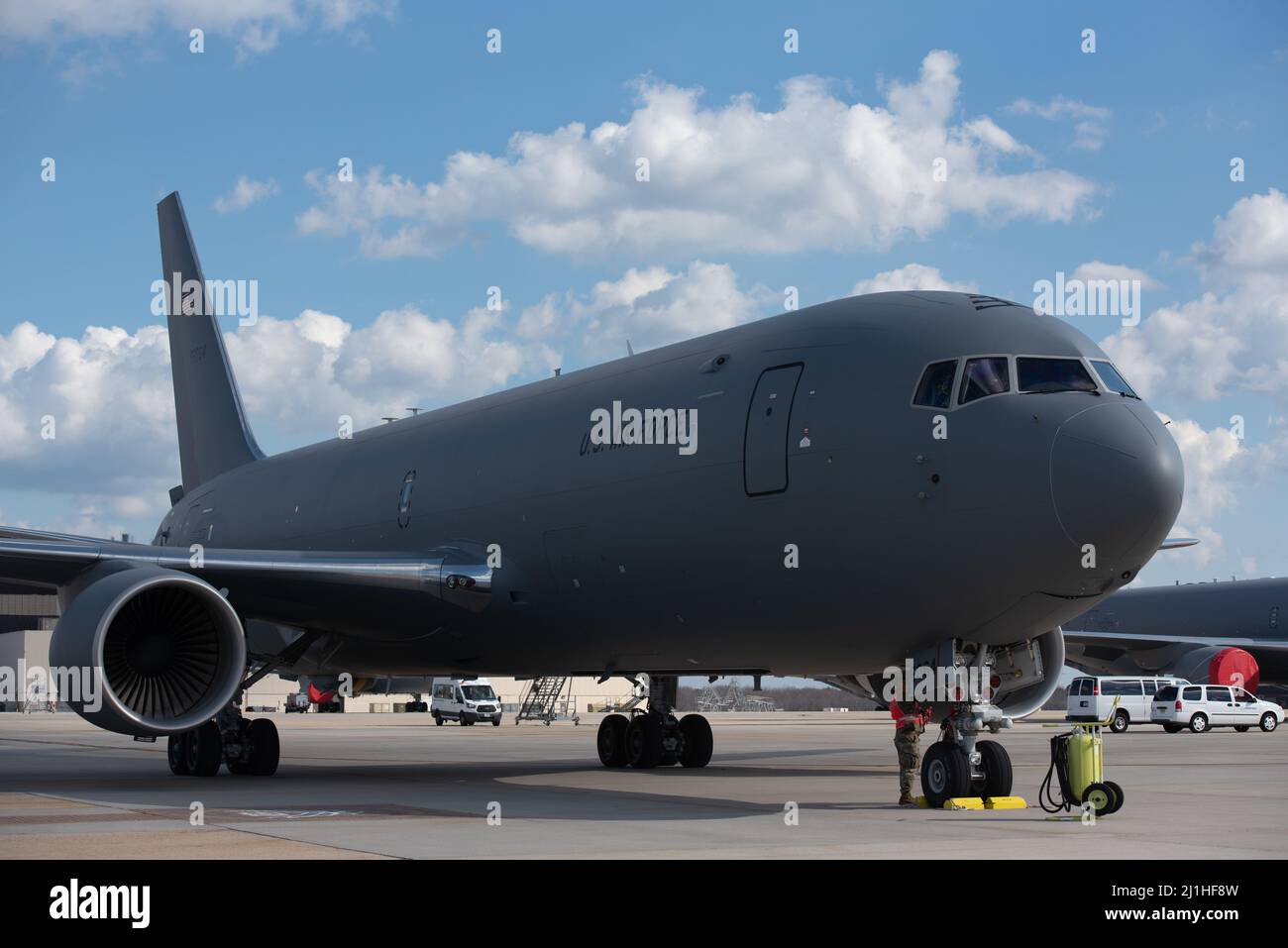 A new KC-46A Pegasus arrives at Joint Base McGuire-Dix-Lakehurst, New Jersey, Mar. 18, 2022.  U.S. Air Force Lt. Gen. Brian Robinson, Air Mobility Command deputy commander, personally delivered the aircraft to the 305th and 514th Air Mobility Wings who operate and maintain the aircraft with installation support from the 87th Air Base Wing. This is the sixth KC-46 of the expected 24 that will be stationed at Joint Base MDL. (U.S. Air Force photo by Senior Airman Joseph Morales) Stock Photo