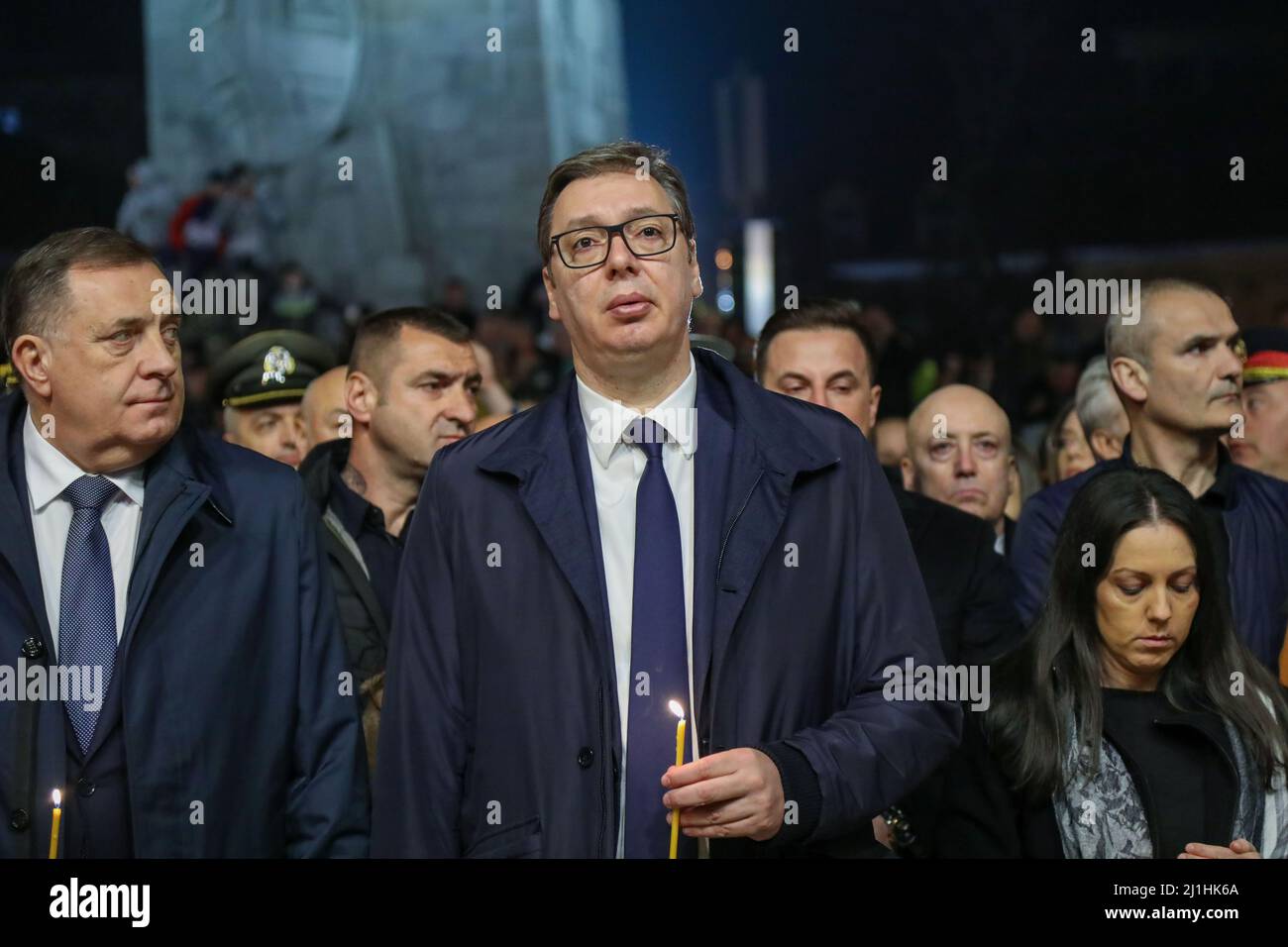 Kraljevo, Serbia. 24th Mar, 2022. Serbian President Aleksandar Vucic (C ...