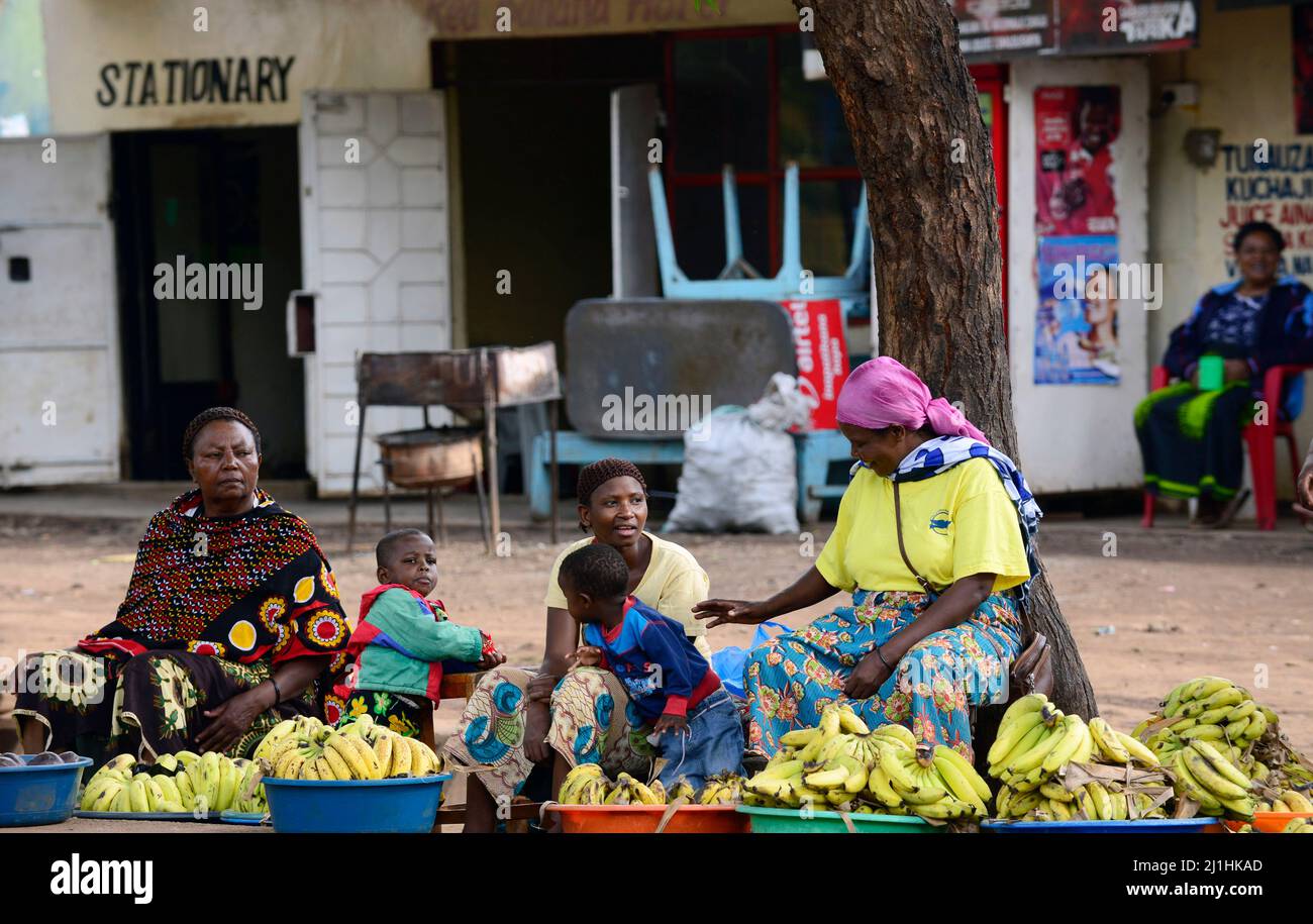 Tanzanian women selling bananas along the road in Mto Wa Mbu, Tanzania. Stock Photo