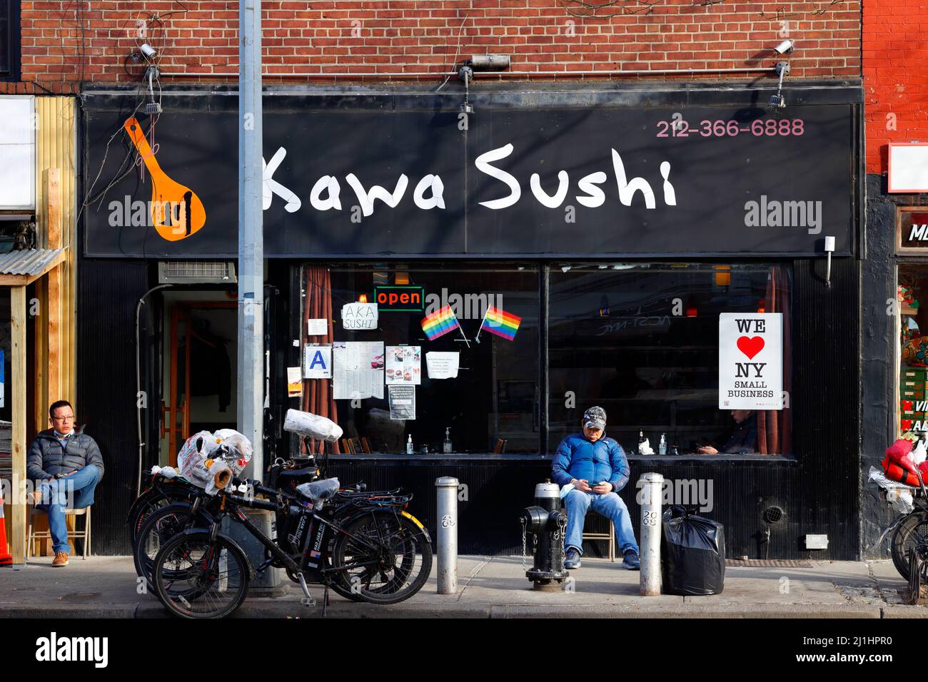 Kawa Sushi, 24 8th Ave, New York, NYC storefront photo of a sushi restaurant in the Greenwich Village neighborhood of Manhattan. Stock Photo