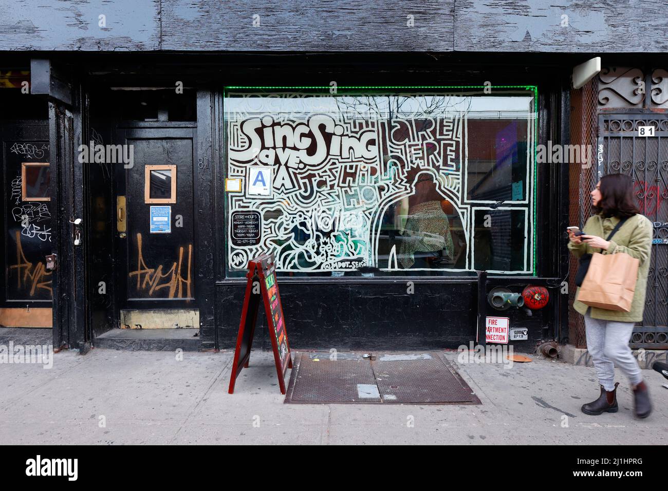 Sing Sing, 81 Avenue A, New York, NYC storefront photo of a karaoke bar in Manhattan's East Village. Stock Photo