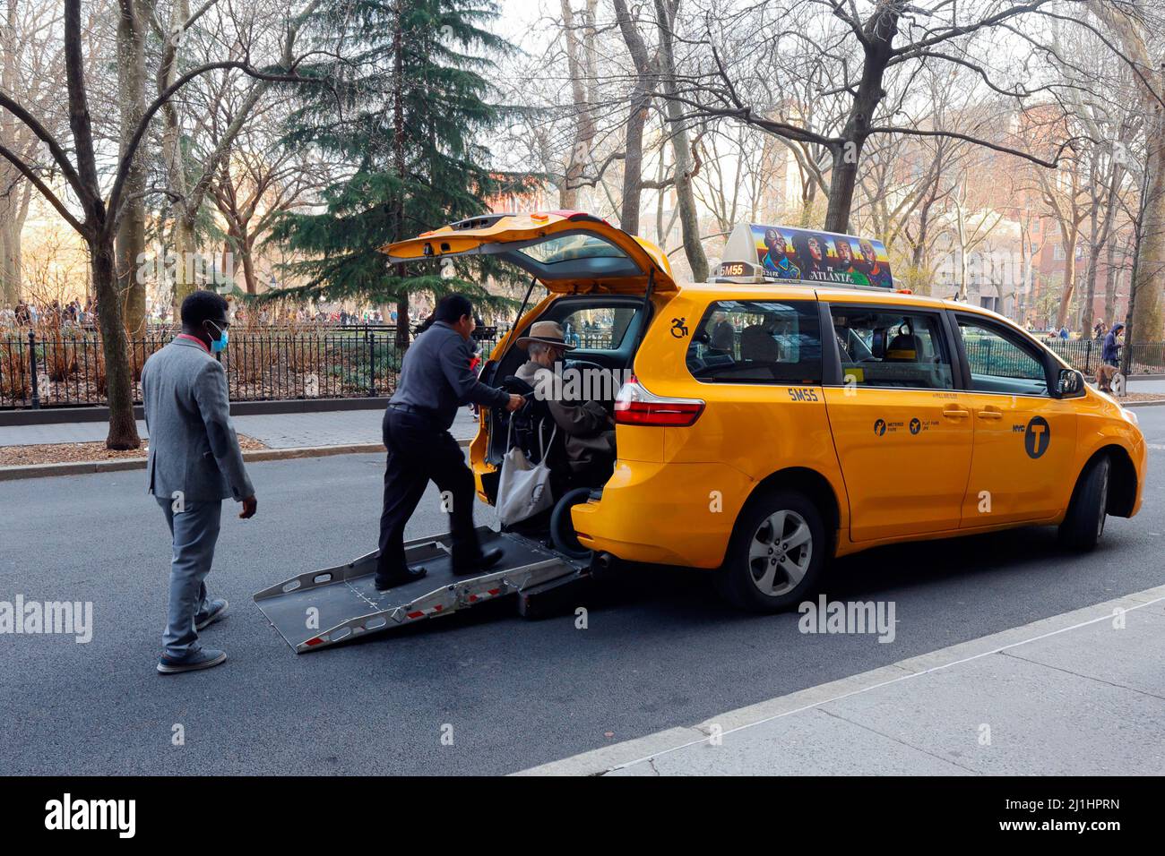 A NYC taxi driver assists a wheelchair user into a New York City yellow taxi medallion cab with a wheelchair accessible ramp in the back. Stock Photo