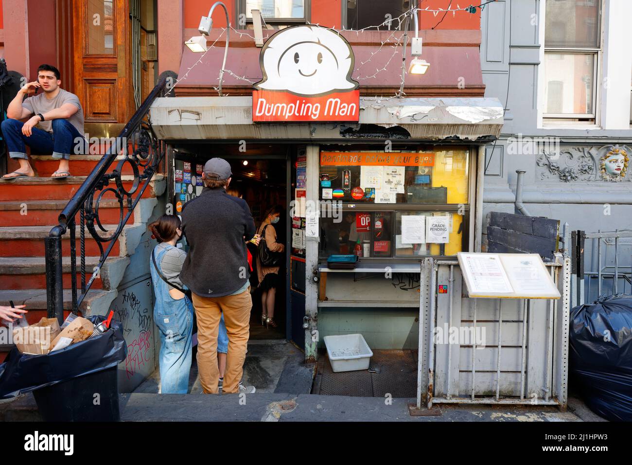 Dumpling Man, 100 St. Marks Pl, New York, NYC storefront photo of a Chinese pan-fried dumpling shop in the East Village neighborhood in Manhattan. Stock Photo