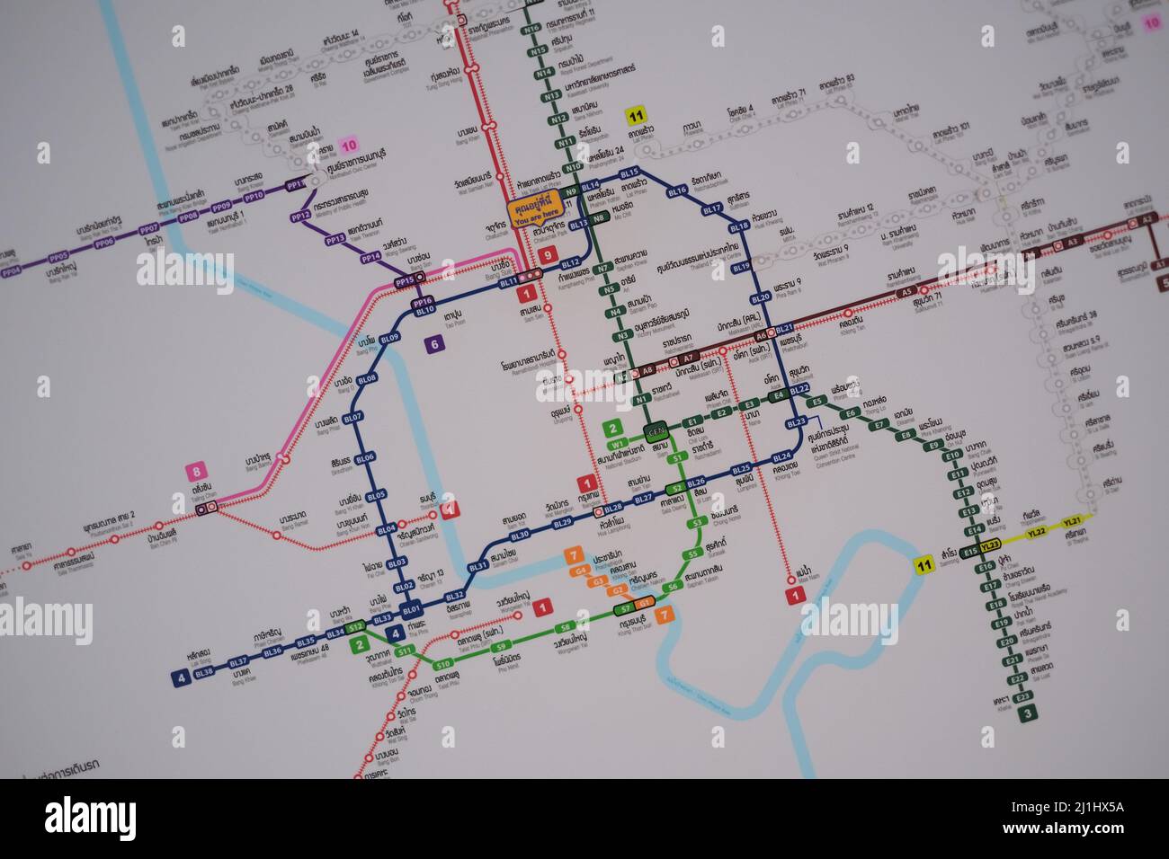 Partial map of urban 'sky train' lines of Bangkok. Non-english names are accompanied by english translation Stock Photo