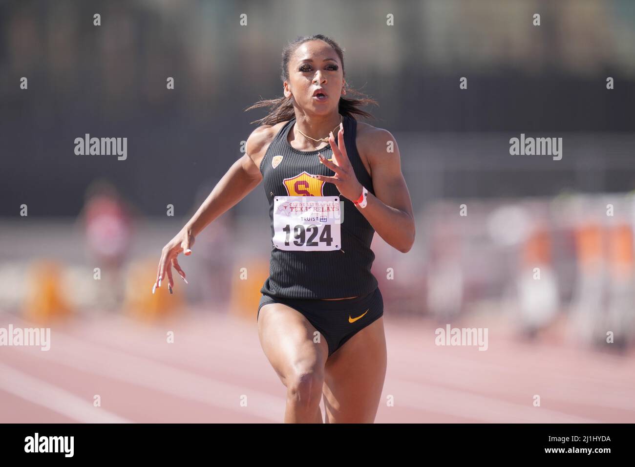 Celera Barnes wins womens 100m heat in 11.07 for the top qualifying time during the 94th Clyde Littlefield Texas Relays, Friday, Mar 25, 2022, in Austin