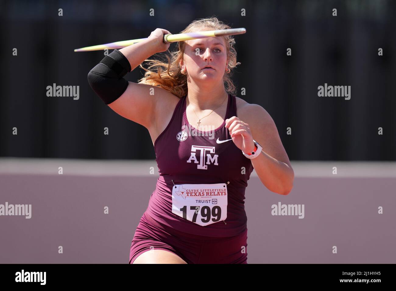 Katelyn Fairchild of Texas A&M places sixth in the women's javelin at 168-11 (51.48m) during the 94th Clyde Littlefield Texas Relays, Friday, Mar 25, Stock Photo