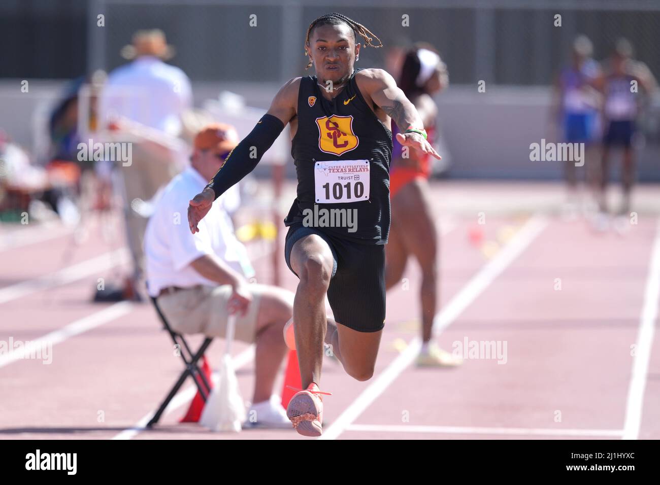 Jalyn Jackson of Southern California places fifth in the triple jump at 51-7 (15.72m) during the 94th Clyde Littlefield Texas Relays, Friday, Mar 25, Stock Photo