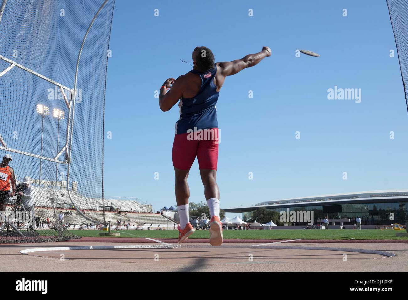 Francois Prinsloo of South Alabama places third in the discus at 191-10 (58.49m) during the 94th Clyde Littlefield Texas Relays, Friday, Mar 25, 2022, Stock Photo